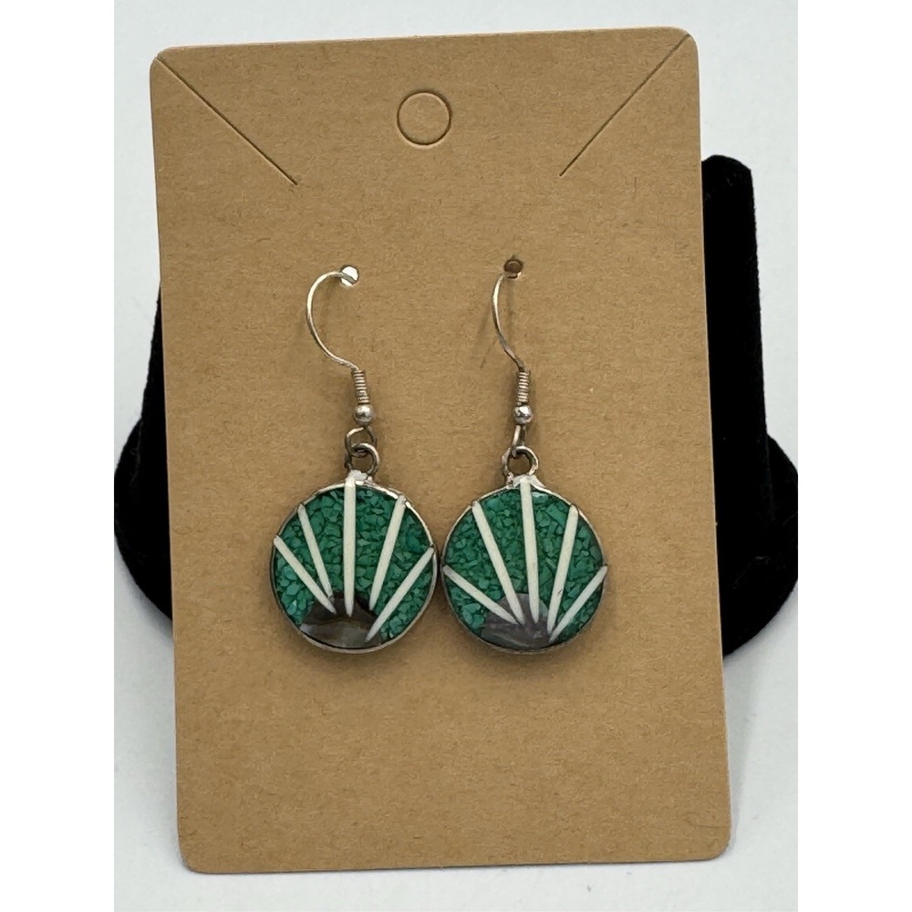 Vintage Alpaca Mexico Crushed Mosiac Turquoise Inlay Shell Shape Unworn Earrings